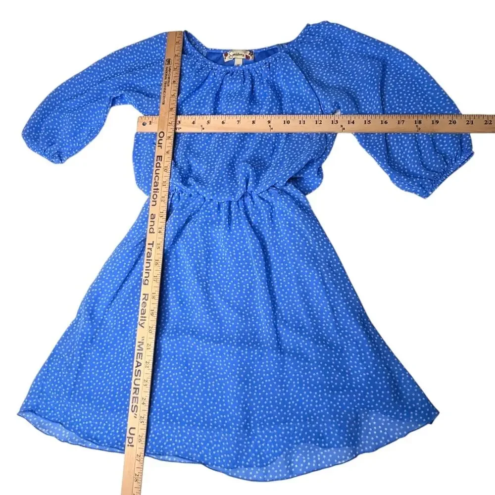 Speechless Crepe Party Dress Girls 10 Blue Polka Dot 3/4 Sleeve Ruched Top Lined